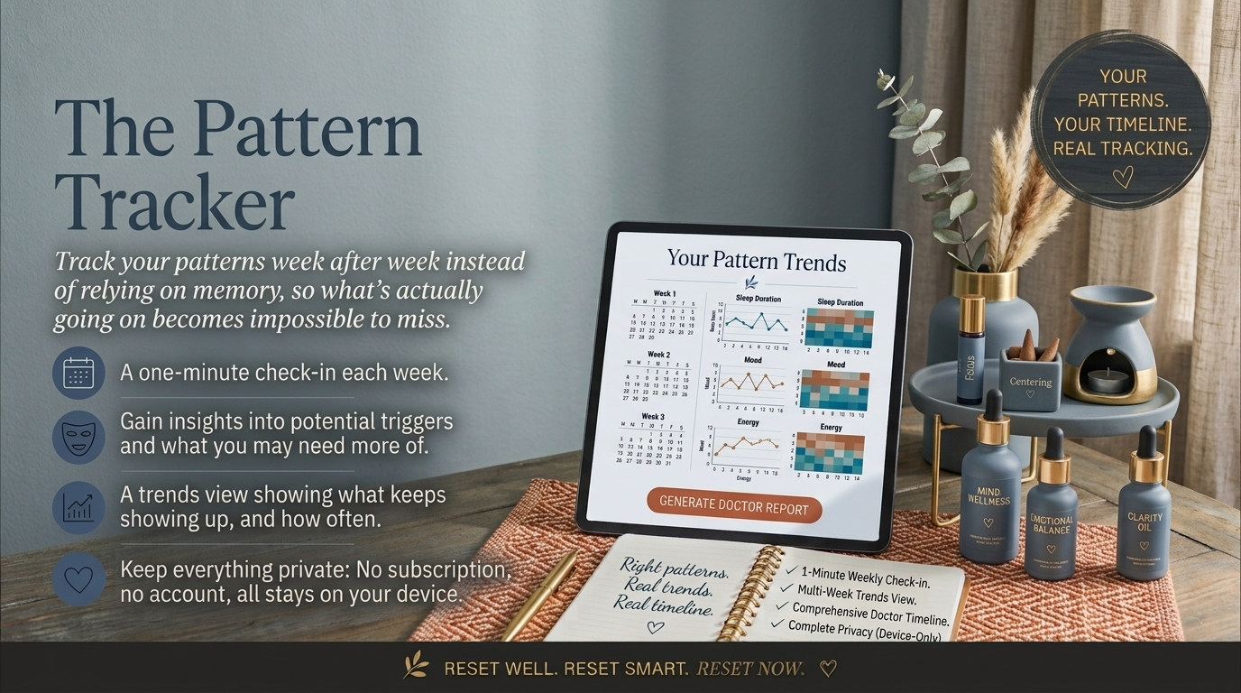 The Pattern Tracker dashboard preview, shown on a tablet next to a journal